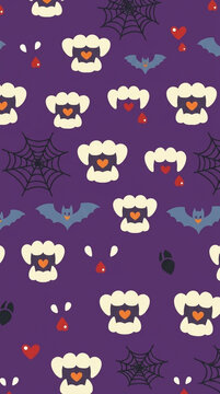 Minimalist pattern of cute vampire fangs and tiny red heart droplets in a clean, whimsical flat illustration style.