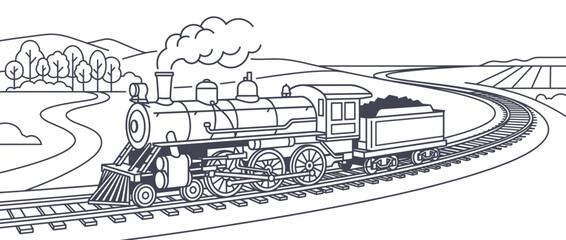 Steam locomotive traveling through scenic countryside. Classic train illustration with winding tracks. Vector illustration. © coohak