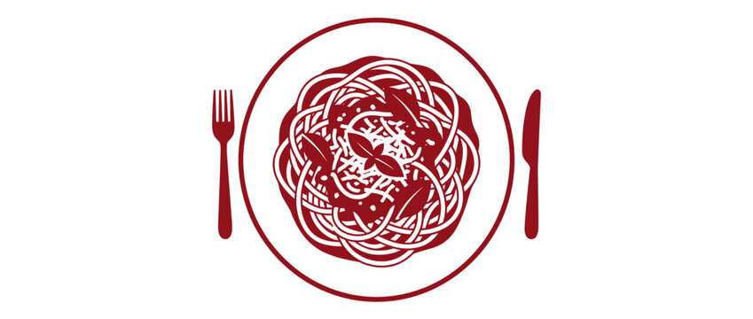 Spaghetti noodles artfully arranged on a plate. Pasta design with forks. Spaghetti, fork, knife. Minimalist food vector illustration.