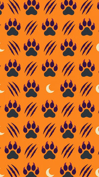 Whimsical flat vector pattern of werewolf paw prints and stylized claw mark icons on an orange backdrop.