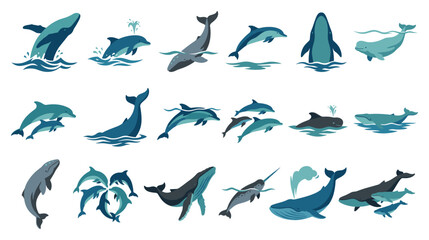 Whale and dolphin marine life silhouettes in blue color palette. © MDTAZBIRHOSSAIN