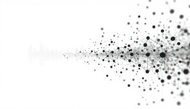 Abstract network of interconnected black nodes and lines emerging from a central point against a white background with data connection digital network tech background information flow tech art