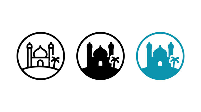 Set of mosque architecture icons with dome and minarets in circular frame vector