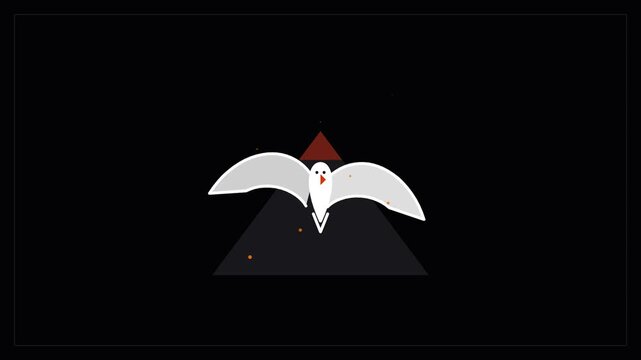 A mystical nocturnal bird spreads its white wings across the dark landscape while soaring above a geometric pyramid shape representing an enigmatic and spiritual journey through the vast night