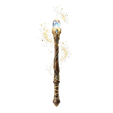 Ornate magic wand with sparkles isolated on a transparent background