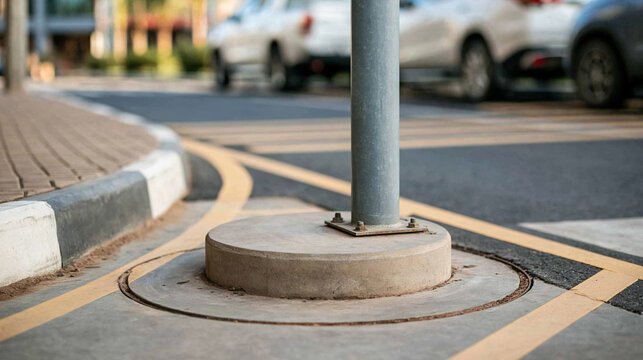 Green Metal Post Anchored in Circular Concrete Base on Street Crossing With Yellow Pavement Markings
