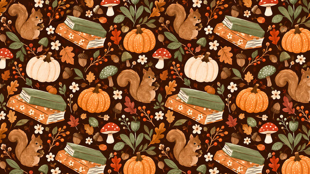 Autumn seamless pattern with cute squirrels, pumpkins, and books, cozy fall harvest illustration for seasonal textile design