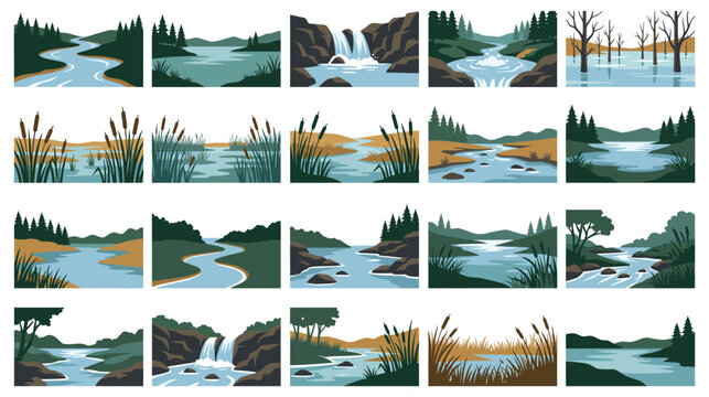 Forest river and swamp landscapes with wild nature water scenery.