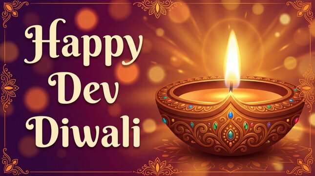 Happy dev diwali greeting card showcasing a brightly lit ornate clay diya oil lamp with colorful jewels on a dark purple bokeh background for kartik purnima ... See ... See More