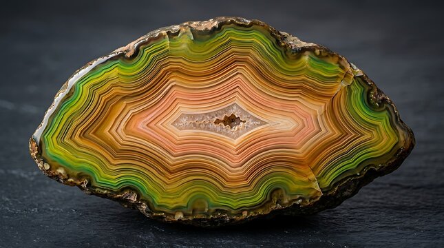Macro Shot of a Polished Colorful Agate Geode Slice with Vibrant Green and Orange Concentric Bands
