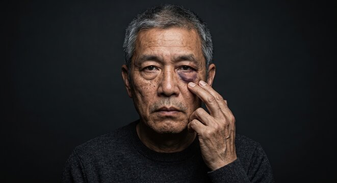 Dramatic portrait of an older Asian man touching his bruised black eye