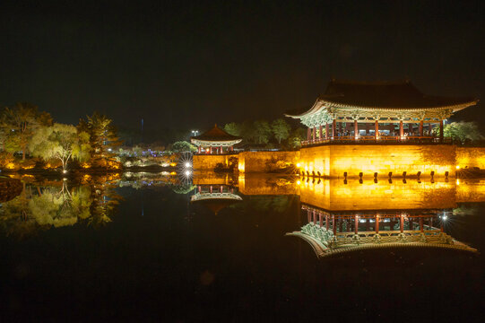 Night view of Donggung Palace and Wolji Pond in Gyeongju, South Korea.