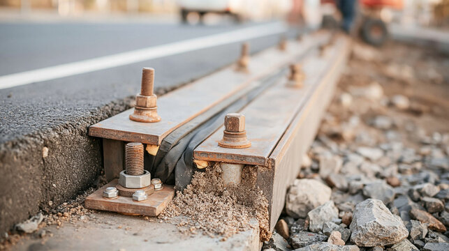 Rail track sleepers and bolts laid on gravel at a construction site
