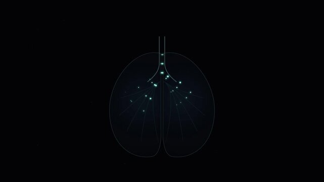 A glowing holographic representation of human lungs portrays the intricate anatomical network of airways and vital gas exchange pathways during the process of breathing within a dark environment