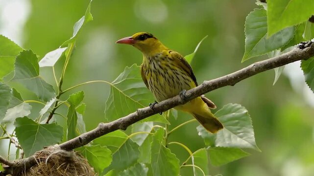 Yellow songbird with black streaks and a red beak perched on a leafy tree branch near a woven nest against a blurred natural green background