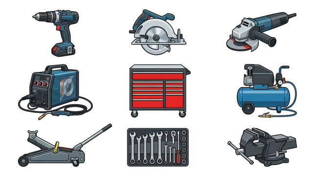 Mechanics and workshop hand tools with socket wrench set and red tool chest vector illustration