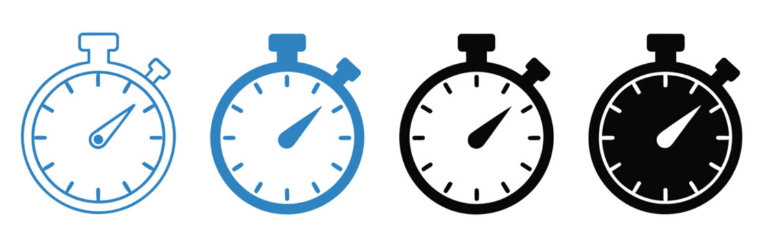Stopwatch multiple style icon set vector, analog and digital timer icons, time tracking, countdown, scheduling