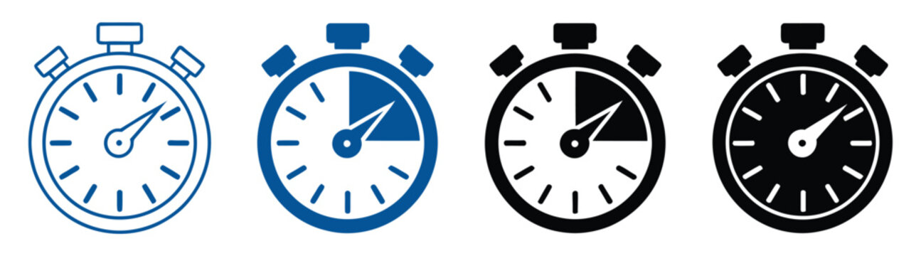 Stopwatch multiple style icon set vector, analog and digital timer icons, time tracking, countdown, duration and measurement symbols
