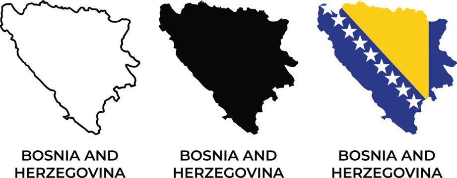Bosnia And Herzegovina Map Silhouette And Outline Vector Set With Blue Yellow Flag And White Stars