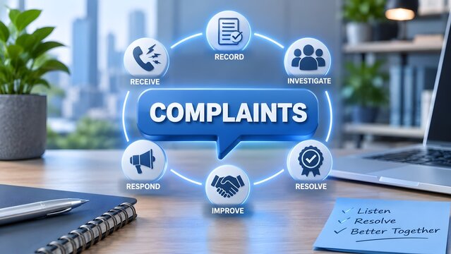 Customer complaints handling process diagram with steps for receive, record, investigate, resolve, and improve on an office desk.