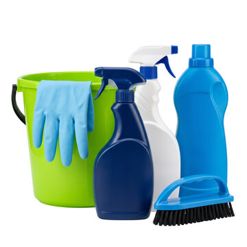 Cleaning Supplies Set: Bucket, Bottles, Gloves, Brush - Isolated