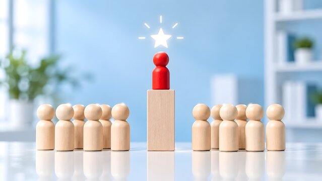 Red wooden figure standing out from the crowd on a pedestal with a glowing star representing business leadership and employee recognition.