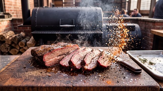 Dynamic Smoked Beef Brisket with Flying Spice Rub Ingredients in Morning Light