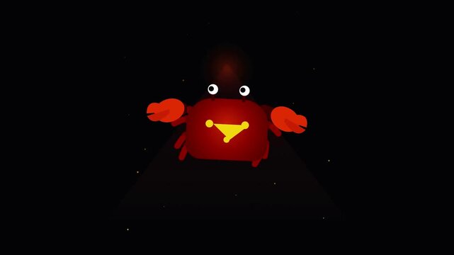 A small red crab with yellow markings traverses through the dark depths of the ocean while its wide eyes gaze forward as it moves across the seafloor beneath the waves during a quiet night