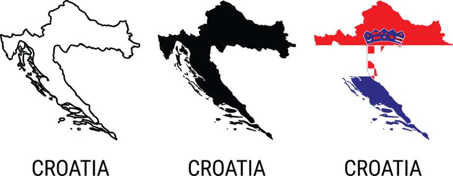Croatia Map Silhouette And Outline Vector Set With Red White Blue Flag And Checkerboard Crest