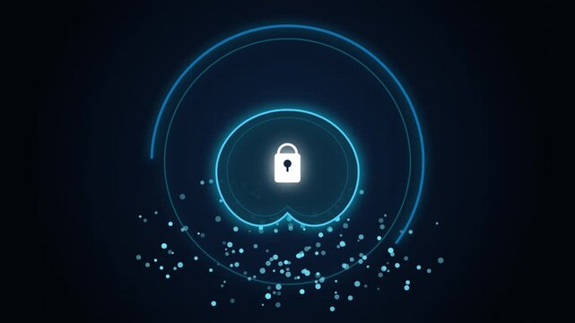 Futuristic digital cyber security neon lock icon animation with glowing blue particles on dark background