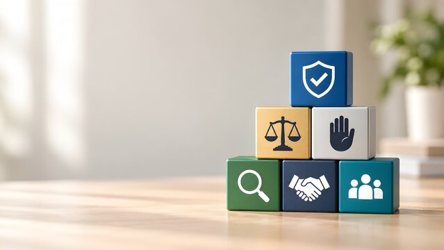 Pyramid of colorful blocks with business ethics and compliance icons depicting corporate governance and legal regulations.