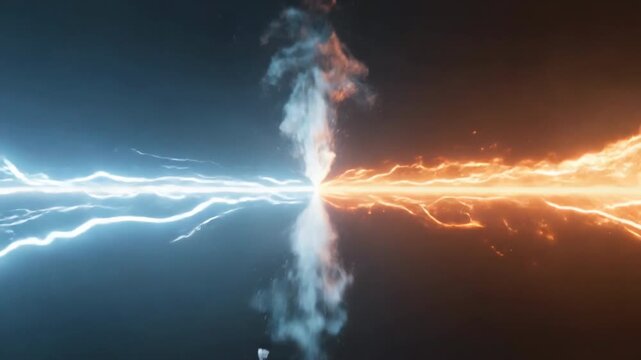 Dynamic elemental contrast Blue and orange energy burst with smoke effect and reflection