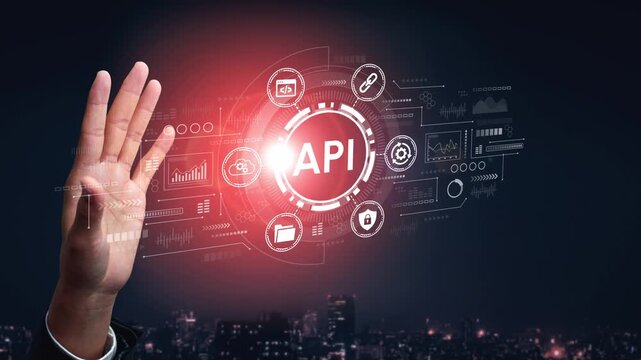 Innovative API Technologies Hand Gesture with Data Visualizations Against a Night Cityscape Background. Entropy.