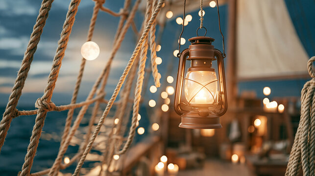 Ship Lantern Among Rope Rigging and Fairy Lights Above the Ocean at Dusk
