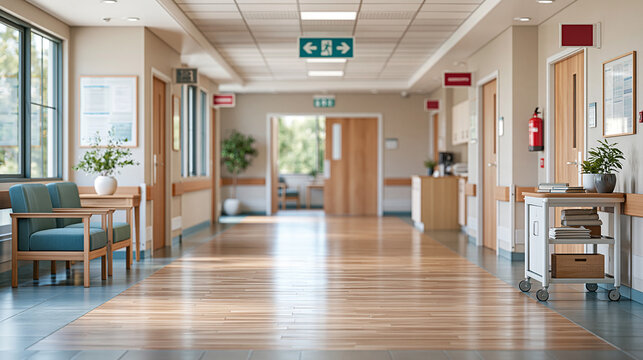 Modern Hospital Hallway with Emergency Exit Sign and Wooden Doors