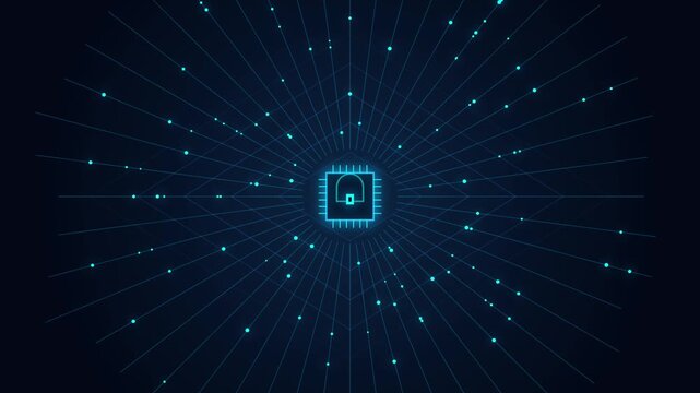 Futuristic glowing blue CPU microchip on digital network data processor central processing unit animation