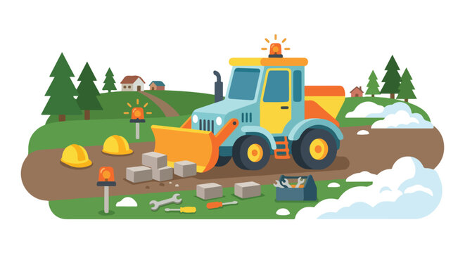A colorful vector illustration of a construction tractor clearing stone blocks on a rural road with tools nearby.