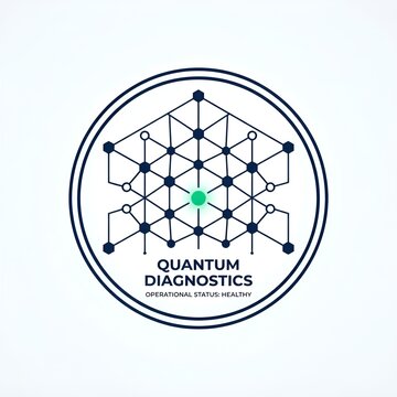 Quantum diagnostics logo featuring a complex network of blue nodes and lines inside a circular border with text on a plain white background.
