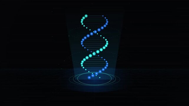 A glowing holographic double helix structure displays intricate genetic code information while rotating within a dark scientific laboratory environment for advanced medical research and biotech