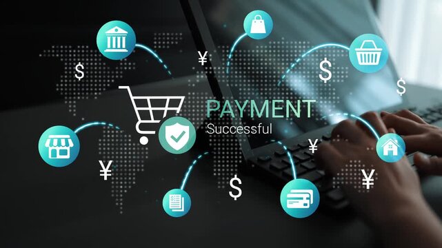 Successful payment transaction illustration showing online shopping concepts, digital payments, and global commerce on a laptop with currency symbols visualized Gluon.