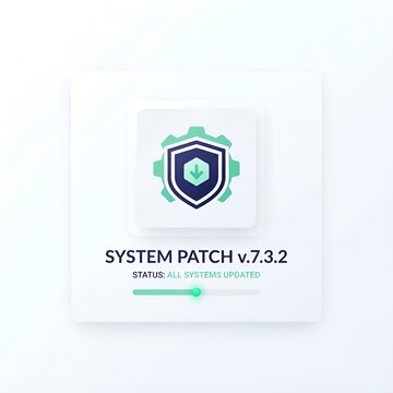 Software interface displays a system patch progress bar with shield and gear icon on a clean white background for cybersecurity updates.