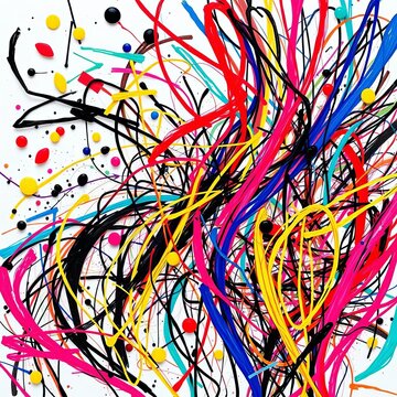 Whimsical scribbles swirl together in a dance of chaos, pattern, white