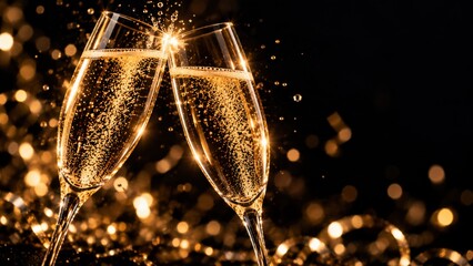Two flutes clink with gold champagne and a splash on black. New Year luxury background for hotel and restaurant marketing design. Dark copy space for text overlay. © TakoyakiAI