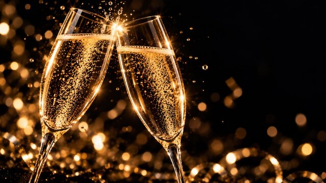 Two flutes clink with gold champagne and a splash on black. New Year luxury background for hotel and restaurant marketing design. Dark copy space for text overlay.