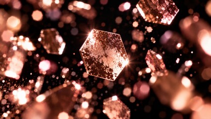 Rose gold hexagonal particles drift amid bokeh on black. New Year luxury background for premium retail holiday campaign design. Glittering polygon surfaces and shallow focus. © TakoyakiAI