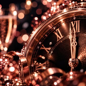 Rose gold clock nears midnight with a dark dial and bokeh. New Year luxury background for premium event agency campaign design. Roman numeral face, ribbon and warm glow.