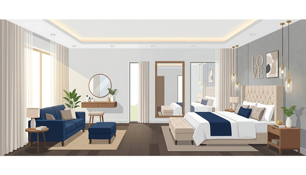 Luxury hotel room suite featuring a comfortable sofa and a large bed with blue accents plus a vanity table and mirrors for an inviting residential living space that provides a restful stay for