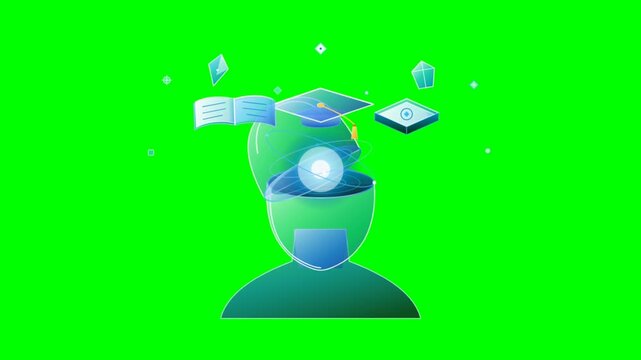 Animated human head opening with graduation cap and glowing knowledge symbols