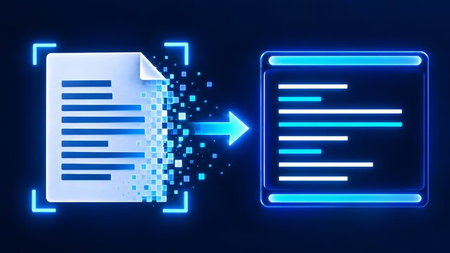 Conceptual visualization of paper document digitizing into pixel data and transferring to digital interface