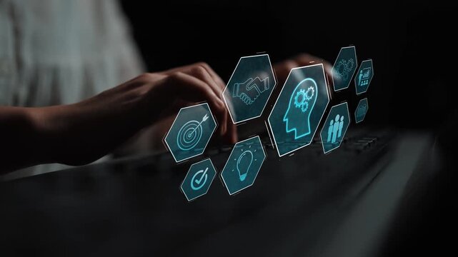 Head with gear and icons representing learning, digital training, and development process, showing skill growth for human or AI systems through knowledge or task optimization Marrow